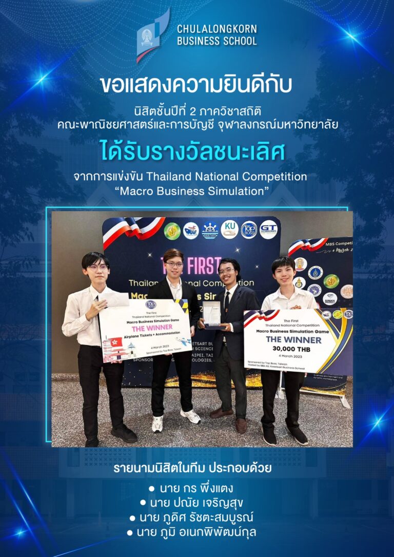 ขอแสดงความยินดีกับสำนักงานวิชาการสถาบันบริหารธุรกิจจุฬาลงกรณ์มหาวิทยาลัยในประเทศไทย ที่ได้เป็นแชมป์ในการแข่งขัน MBS ครั้งแรกของประเทศไทยปี 2023